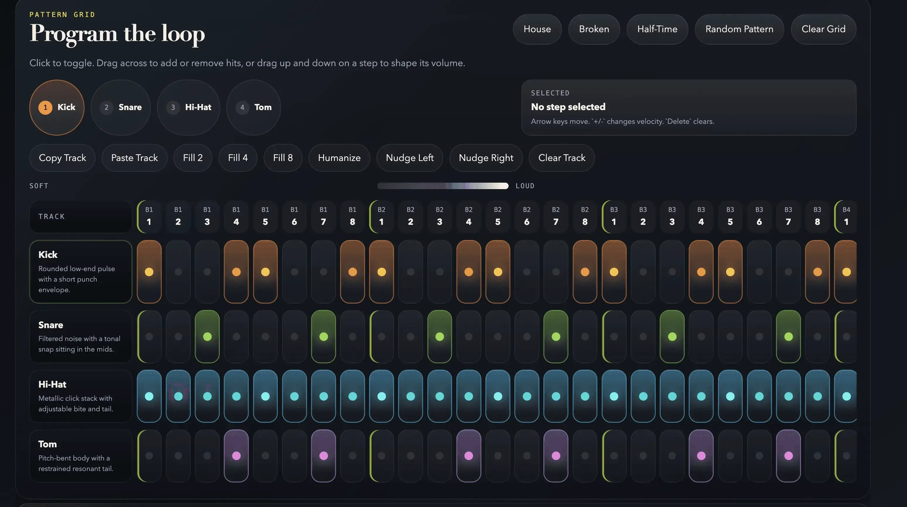 Dark drum machine interface with step sequencer controls and color-coded tracks.