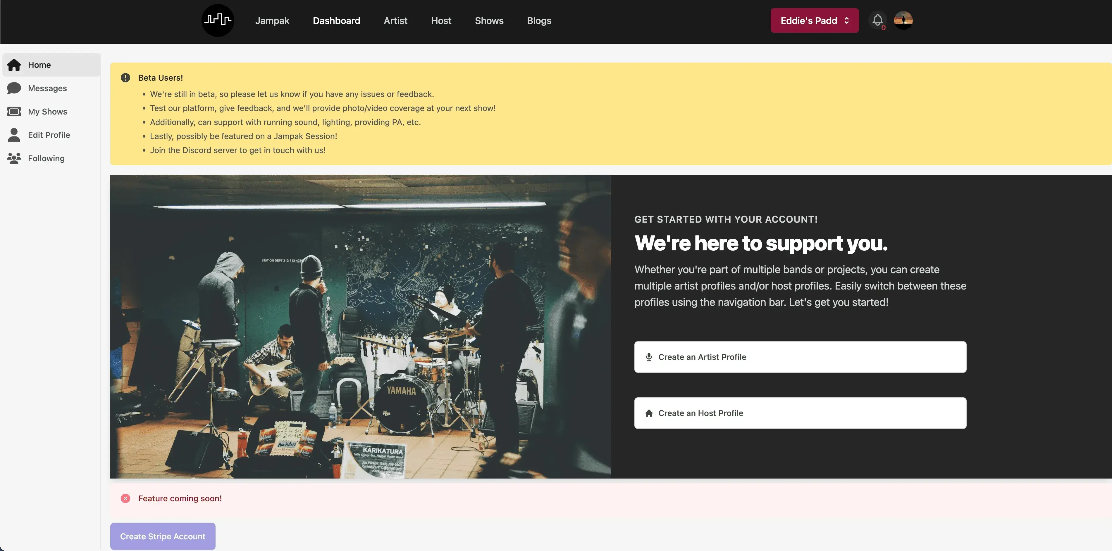 Jampak dashboard showing artist and venue workflow screens.